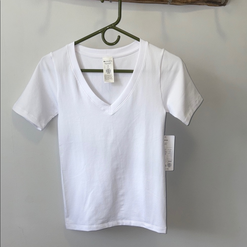 Athleta White Ribbed V-Neck Top